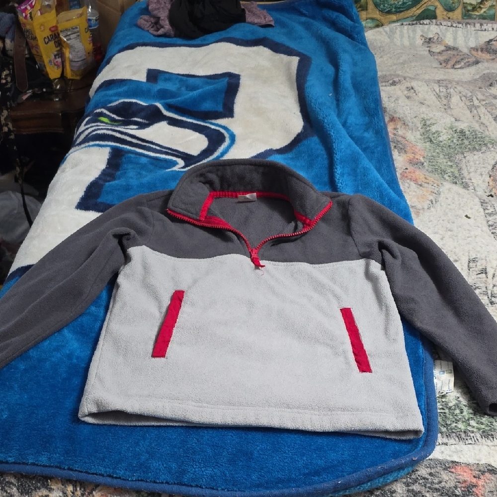 Gray & Light Gray Fleece Pullover with Red Trim